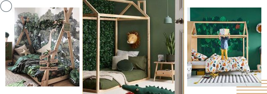 ambiance jungle dans aménagement chambre enfant avec papier peint tropical et mobilier en bois
